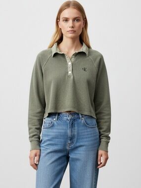 Calvin Klein Jeans Olive Green cotton Cropped Polo Sweatshirt size large